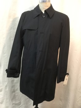 Mens, Coat, Trenchcoat, T HILFIGGER, Black, Nylon, Solid, 48, Single Breasted, Button Front, 2 Pockets, Asymmetrical Front Yoke, Back Yoke, Tab and Button Cuff