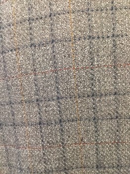 Mens, Coat 1890s-1910s, N/L FOX 46, Gray, White, Rust Orange, Charcoal Gray, Wool, Plaid, 50, Tweed, Double Breasted, with Chocolate Plastic Buttons, 2 Pockets with Flaps, Slit Center Back,