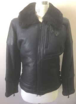G-STAR RAW, Black, Leather, Shearling, Solid, Cow and Sheep Leather Panels, Zip Front, Plush Collar and Lining, Kangaroo Pockets in Front, 1 Zip Pocket on Chest, Self Buckles at Side Waist