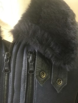 G-STAR RAW, Black, Leather, Shearling, Solid, Cow and Sheep Leather Panels, Zip Front, Plush Collar and Lining, Kangaroo Pockets in Front, 1 Zip Pocket on Chest, Self Buckles at Side Waist