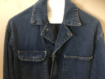 POINTER, Denim Blue, Cotton, Solid, Blue Denim, Snap and Zip Front, Notched Lapel, Collar Attached, Long Sleeves, 4 Pockets, Distressed