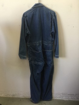 POINTER, Denim Blue, Cotton, Solid, Blue Denim, Snap and Zip Front, Notched Lapel, Collar Attached, Long Sleeves, 4 Pockets, Distressed
