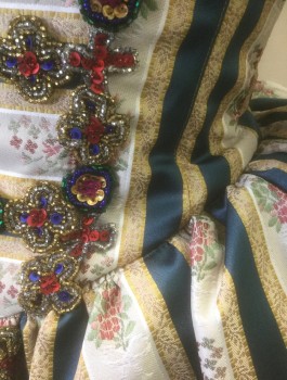 N/L MTO, Ecru, Teal Blue, Gold, Multi-color, Silk, Sequins, Stripes - Vertical , Abstract , Striped and Floral Pattern Brocade, 3/4 Sleeves with Gold Organza and Net Ruffles, 3D Teal Rosettes, Colorful Sequinned Appliqués Across Stomacher and Edges of Peplum, Square Neck with Gold Lace Ruffle, Sheer Gold Lace/Net Skirt, Center Back Zipper, 1700's Inspired Made To Order