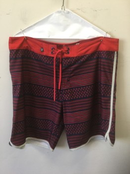 LOST, Navy Blue, Red, Polyester, Elastane, Stripes - Horizontal , Geometric, Plus Signs + and Slashes, Laces at Center Front Waist, Light Gray Trim at Outseam & Leg Openings, 8.5" Inseam
