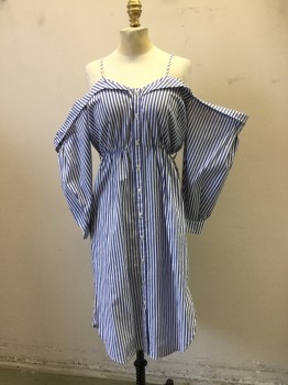 BARDOT, Blue, White, Cotton, Viscose, Stripes, Sweetheart Neck, Spaghetti Straps, Off the Shoulder 1/2 Sleeve with Cuff, Faux Button Front, Zip Back, Flap At Neck and Shoulder, Shirt Tails, Hem Below Knee, Belt Loops with No Belt