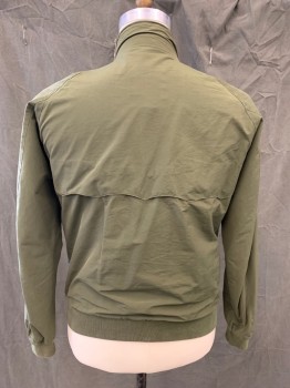 BARACUTA, Dk Olive Grn, Cotton, Polyester, Solid, Members Only Style, Zip Front, Stand Collar, Button Tab Closure, 2 Button Flap Pockets, Raglan Long Sleeves, Ribbed Knit Waistband/Cuff