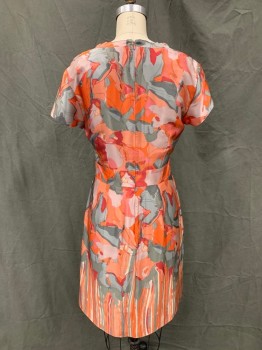 BANANA REPUBLIC, Peach Orange, Gray, Red, Dusty Lavender, Silk, Floral, Satin, V-neck, 2" Wide Self Waistband, Small Pleats at Center Front Waist, Straight Fit at Hips, 2 Pckts, Knee Length, Invisible Zipper in Back