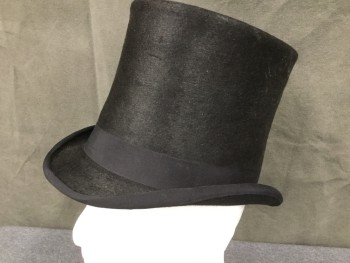 Mens, Historical Fiction Hat , KAMINSKY, Black, Fur, 7 1/2, Top Hat, 1 1/4" Wide Faille Band and Edging at Brim, 6" Tall Narrow Crown, Rolled Side Brim