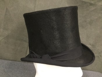 Mens, Historical Fiction Hat , KAMINSKY, Black, Fur, 7 1/2, Top Hat, 1 1/4" Wide Faille Band and Edging at Brim, 6" Tall Narrow Crown, Rolled Side Brim