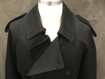 BRADLEY JONS, Black, Polyester, Solid, Double Breasted, Collar Attached, Raglan Long Sleeves, Epaulets, 2 Pockets, Belted Cuffs with Belt Loops, Self Buckle Belt, Vented Back Yoke, Right Shoulder Flap Panel, Zip Detachable Lining