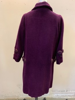 Childrens, Coat 1890s-1910s, MTO, Aubergine Purple, Wool, Solid, H30, B30, Girls, Double Breasted, Collar Attached, Big Button Loop Front, with Mismatched Buttons, Scallopped Details at Cuffs and Side Back Waist with Decorative Covered Buttons ( Aged)