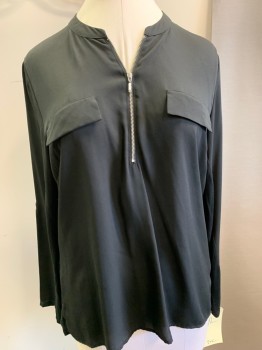 INC, Black, Polyester, Rayon, Solid, Long Sleeves, Zip Front Placket, Mandarin/Nehru Collar, 2 Faux Pocket Flaps, Pullover, Poly Woven Front with Rayon Knit Back
