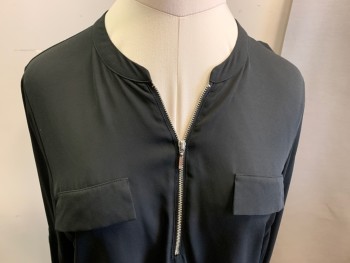 INC, Black, Polyester, Rayon, Solid, Long Sleeves, Zip Front Placket, Mandarin/Nehru Collar, 2 Faux Pocket Flaps, Pullover, Poly Woven Front with Rayon Knit Back