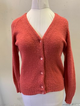 Womens, Sweater, PENDLETON, Salmon Pink, Wool, Solid, B:38, Boucle Knit, Cardigan, V-neck, 5 Buttons, Raglan Sleeves, Rib Knit Cuffs and Waist,