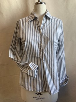 GANT, White, Gray, Cotton, Stripes, L/S, 1/2 Button Placket Front, Collar Attached, French Cuff with GANT Embroidered in Light Gray, Menswear Inspired