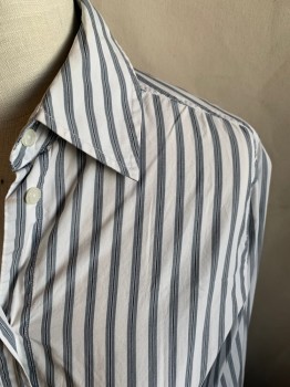 GANT, White, Gray, Cotton, Stripes, L/S, 1/2 Button Placket Front, Collar Attached, French Cuff with GANT Embroidered in Light Gray, Menswear Inspired