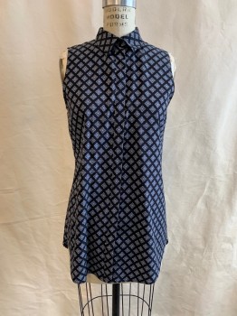 ANN TAYLOR, Black, Blue-Gray, White, Polyester, Geometric, Collar Attached, Button Front, Sleeveless
