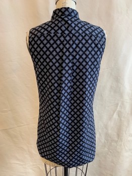ANN TAYLOR, Black, Blue-Gray, White, Polyester, Geometric, Collar Attached, Button Front, Sleeveless