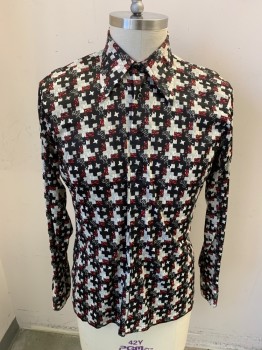 Mens, Casual Shirt, PRINCE IGOR, Black, Lt Gray, White, Red, Polyester, Geometric, Abstract , 36, 16, Long Sleeves, Button Front, 8 Buttons, Button Cuffs,