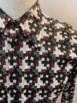 Mens, Casual Shirt, PRINCE IGOR, Black, Lt Gray, White, Red, Polyester, Geometric, Abstract , 36, 16, Long Sleeves, Button Front, 8 Buttons, Button Cuffs,