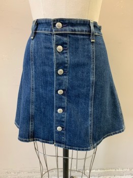 Womens, Skirt, Mini, AG, Dk Blue, Cotton, Polyurethane, Solid, 26, 6 Buttons Down Front, Belt Loops, White Stitching, A Line