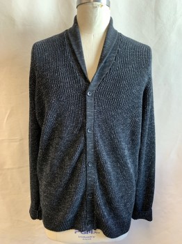 Mens, Cardigan Sweater, 1901, Black, White, Cotton, Polyester, Mottled, XL, Button Front, Shawl Collar, Turned Back Cuff