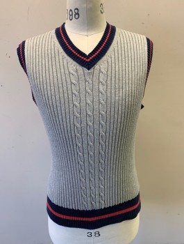 Mens, Sweater Vest, BROOKS BROTHERS, Gray, Navy Blue, Cotton, Solid, M, Ribbed and Cabled Knit, Navy and Coral Trim/Edges, Pullover, V-neck