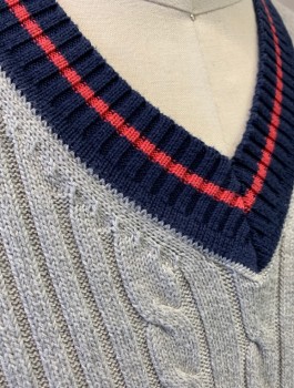 Mens, Sweater Vest, BROOKS BROTHERS, Gray, Navy Blue, Cotton, Solid, M, Ribbed and Cabled Knit, Navy and Coral Trim/Edges, Pullover, V-neck