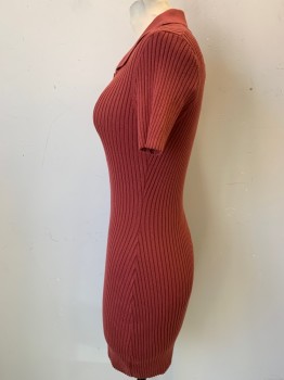 Womens, Dress, Short Sleeve, URBAN OUTFITTERS, Dusty Rose Pink, Viscose, Nylon, Solid, XS, Rib Knit, Faux Button Front, Collar Attached,