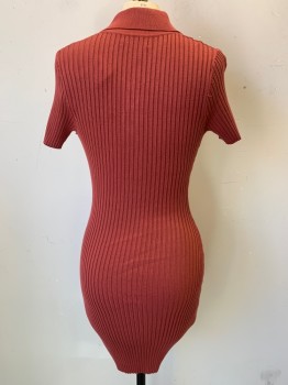 Womens, Dress, Short Sleeve, URBAN OUTFITTERS, Dusty Rose Pink, Viscose, Nylon, Solid, XS, Rib Knit, Faux Button Front, Collar Attached,