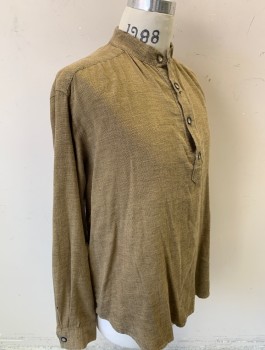 Mens, Historical Fiction Shirt, N/L, Tobacco Brown, Cotton, Solid, 2 Color Weave, M, Long Sleeves, Band Collar, Semi Button Front with 4 Button Placket, Loose/Baggy, Worn Down and Lightly Aged Look, Made To Order Historically Inspired