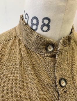 Mens, Historical Fiction Shirt, N/L, Tobacco Brown, Cotton, Solid, 2 Color Weave, M, Long Sleeves, Band Collar, Semi Button Front with 4 Button Placket, Loose/Baggy, Worn Down and Lightly Aged Look, Made To Order Historically Inspired