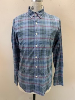 J, CREW, Baby Blue, Magenta Pink, Navy Blue, Green, Gray, Cotton, Elastane, Plaid, Collar Attached, Button Front, Button Down Collar, Long Sleeves, 1 Pocket