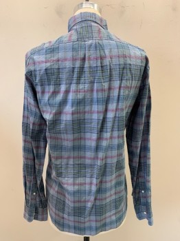 J, CREW, Baby Blue, Magenta Pink, Navy Blue, Green, Gray, Cotton, Elastane, Plaid, Collar Attached, Button Front, Button Down Collar, Long Sleeves, 1 Pocket