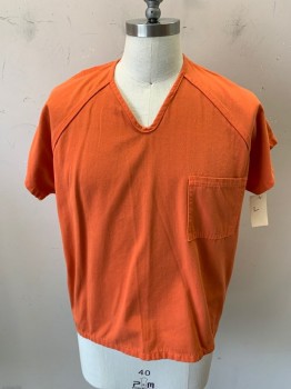 Bob Barker, Orange, Black, Cotton, Solid, Prison Shirt, S/S, V Neck, Chest Pocket, ( County Jail) Print