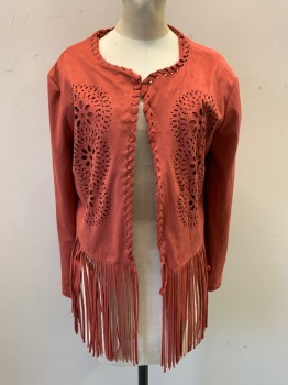 Womens, Casual Jacket, ARIAT, Red-Orange, Polyester, Solid, PETITE, S, Faux Suede, Open Front. Cut Out Circle & Floral Pattern on Front, Same Fabric Woven Along Neckline, Front Opening, & Back, Fringe Hem, Long Sleeves