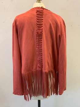 Womens, Casual Jacket, ARIAT, Red-Orange, Polyester, Solid, PETITE, S, Faux Suede, Open Front. Cut Out Circle & Floral Pattern on Front, Same Fabric Woven Along Neckline, Front Opening, & Back, Fringe Hem, Long Sleeves