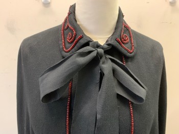 Womens, Cape 1890s-1910s, MTO, Black, Red, Wool, Acetate, Solid, O/S, Plain Weave Wool, Hand Holes, Collar with Red & Black Beading, Beads Down Center Front & Hem, Petersham Ribbon Ties at Neck, Hook & Eyes Center Front, Missing a Few Beads Center Back See Detail Photo,