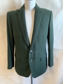 Mens, Blazer/Sport Co, NL , Dk Olive Grn, Wool, Solid, 42R, Notched Lapel, Single Breasted, Button Front, 2 Buttons, 3 Pockets, Double Back Vent