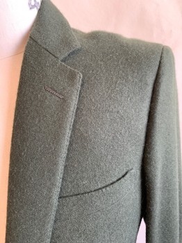 Mens, Blazer/Sport Co, NL , Dk Olive Grn, Wool, Solid, 42R, Notched Lapel, Single Breasted, Button Front, 2 Buttons, 3 Pockets, Double Back Vent