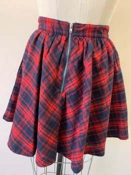 Womens, Skirt, Mini, PPLA, Navy Blue, Red, Cotton, Polyester, Plaid, W 24, S , Short Circle Skirt with Gathers at Waistband, , Back Zipper, Lined