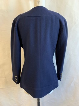 Womens, Blazer, UNGARO, Navy Blue, Wool, B: 34, 8, Round Neck, Double Breasted, Button Front, Gold Button