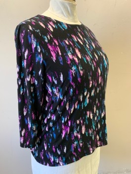 JM COLLECTION, Black, Purple, White, Turquoise Blue, Polyester, Spandex, Abstract , Stretch Jersey, 3/4 Sleeve, Bateau/Boat Neck, Pullover