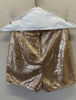 Womens, Shorts, WINDSOR, Rose Gold Metallic, Sequins, Polyester, S, Clubwear Hot Shorts, Covered in Tiny Sequins, High Waist, 2" Inseam, Exposed Gold Zipper in Back