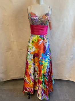 EIGHT MOVES, Multi-color, Polyester, Mottled, Solid, Colorful Sequinned Sweetheart Bust with Center Front Rhinestone Flower, Spaghetti Straps, Hot Pink Accordion Pleated Empire Waist, Zip Back Tulle Skirt Lining