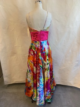 EIGHT MOVES, Multi-color, Polyester, Mottled, Solid, Colorful Sequinned Sweetheart Bust with Center Front Rhinestone Flower, Spaghetti Straps, Hot Pink Accordion Pleated Empire Waist, Zip Back Tulle Skirt Lining