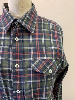 BILLY REID, Olive Green, Navy Blue, Orange, White, Cotton, Plaid, L/S, Button Front, Collar Attached, Pocket Chests