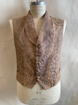 Mens, Historical Fiction Vest, JORDI, Dusty Rose Pink, Lt Brown, Synthetic, Jacquard, 40, Shawl Lapel, Single Breasted, Button Front, 5 Fabric Covered Buttons, 2 Pockets at Waist, Belted Back