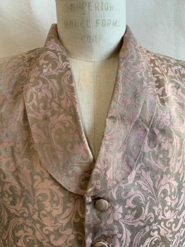 Mens, Historical Fiction Vest, JORDI, Dusty Rose Pink, Lt Brown, Synthetic, Jacquard, 40, Shawl Lapel, Single Breasted, Button Front, 5 Fabric Covered Buttons, 2 Pockets at Waist, Belted Back