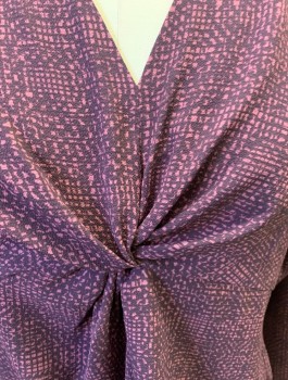 PROLOGUE, Purple, Rose Pink, Polyester, Spandex, Geometric, V Neck, Knotted Detail In Front, L/S, 2 Button Closure with Slit In Back